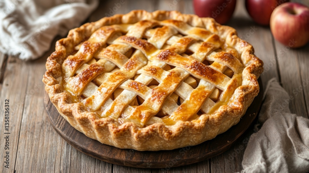 Golden Brown Apple Pie on Rustic Wooden Table Golden Brown Apple Pie on Rustic Wooden Table
