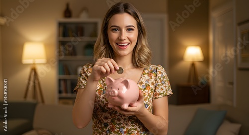 Happy girl holding vintage piggy bank dropping a coin into it in a cozy home with warm lighting and a bookshelf in the background