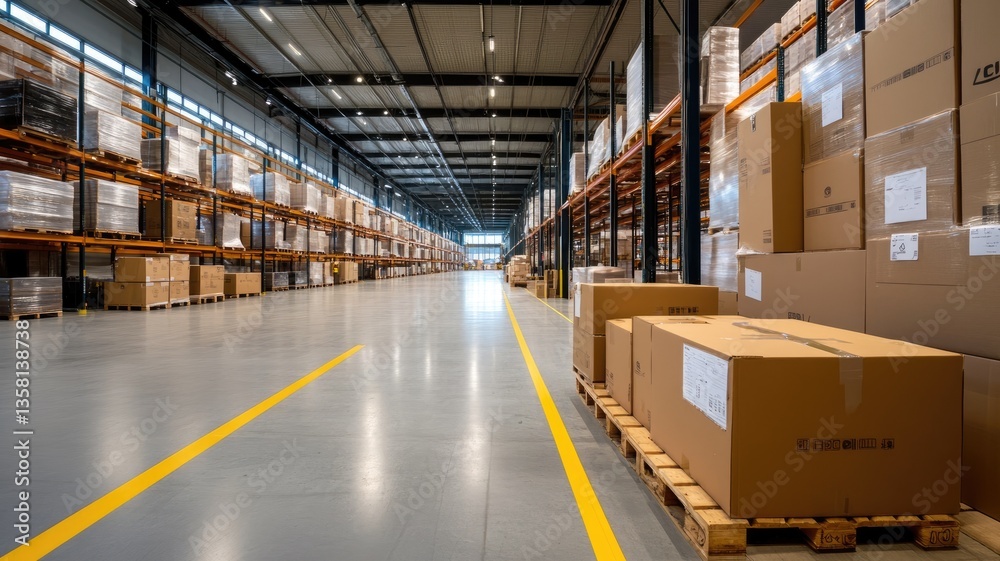 Large modern warehouse with boxes and pallets organized on shelves Large modern warehouse with boxes and pallets organized on shelves