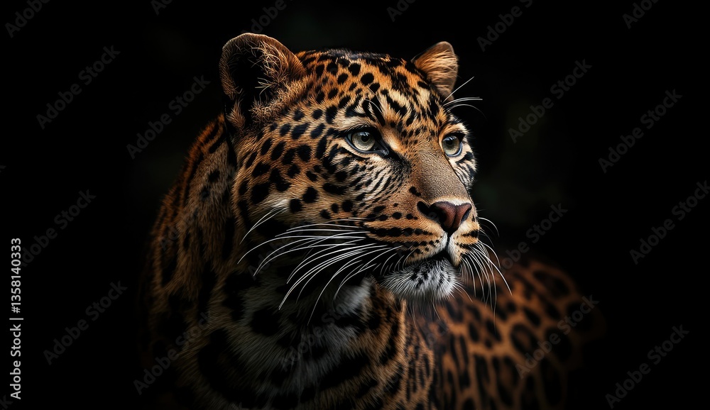 Obraz premium A majestic leopard prowls through a shadowy forest. its striking coat blending with the dark surroundings. while subtle hints of foliage create a mysterious atmosphere