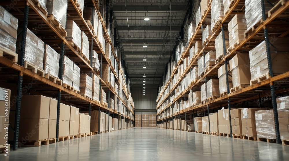 Fototapeta premium Industrial warehouse filled with neatly arranged steel sheets, showing their cost-effectiveness and weather-resistant properties