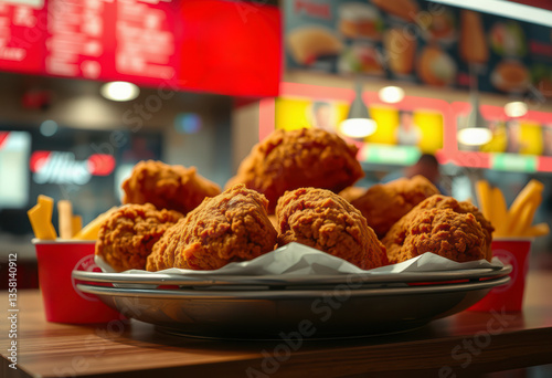 Golden fried chicken pieces are presented on a tray at a fast food counter with customers in the background.