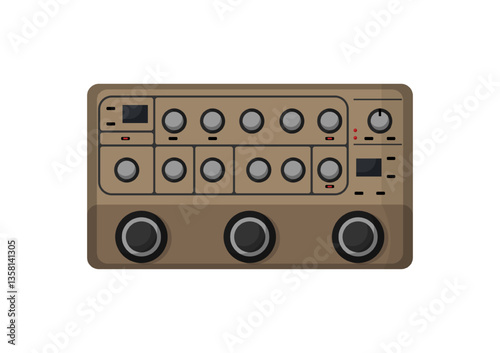 Vector illustration of a brown sound mixer with knobs and sliders.
