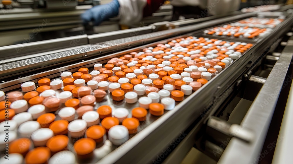 Fototapeta premium Pharmaceutical pills moving on a conveyor belt