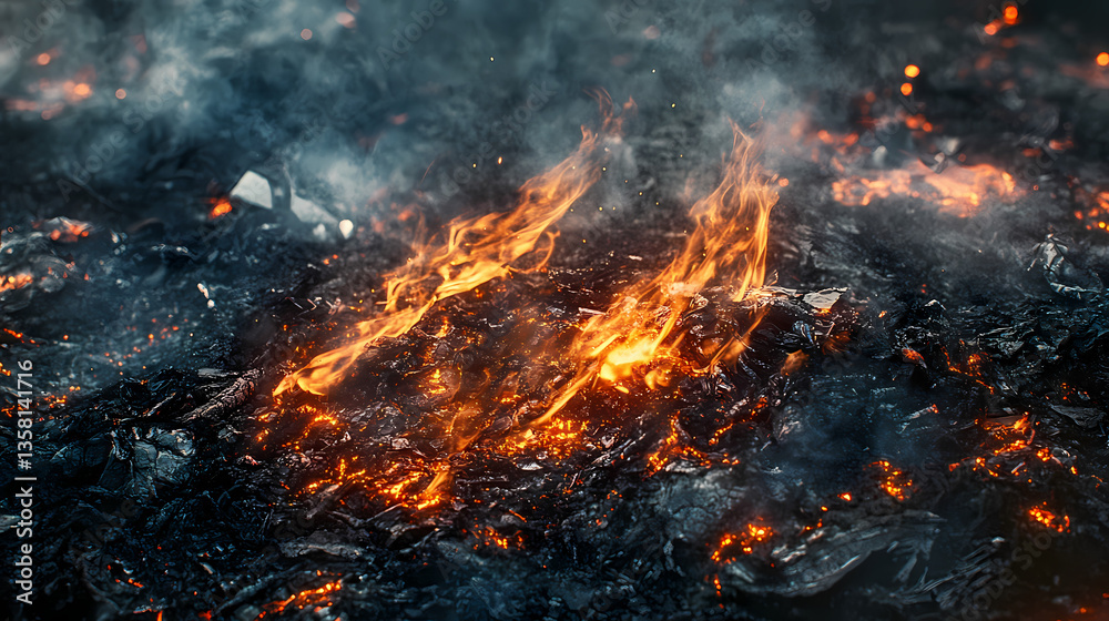 Smoldering remains of an illegal trash fire leading investigators to the fires origin. Ember Traces. Illustration Smoldering remains of an illegal trash fire leading investigators to the fires origin. Ember Traces. Illustration