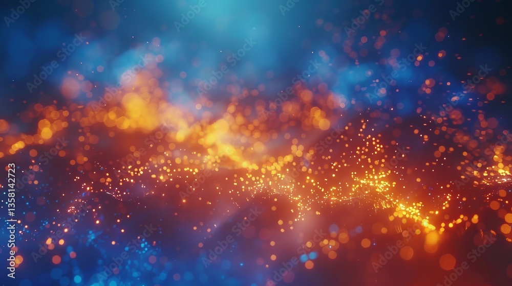 Dynamic Abstract Background: Particle Flow, Blue And Orange Glowing Orbs, Modern Backdrop