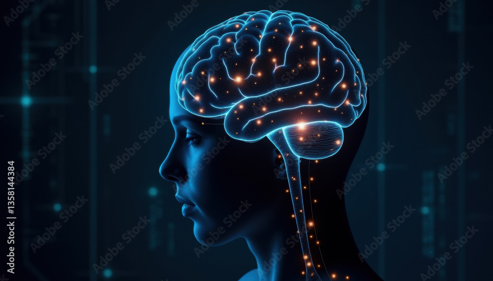 Obraz premium A profile view of a human brain illuminated with neural connections, set against a dark digital background. The composition emphasizes the interconnectivity of thoughts and ideas.