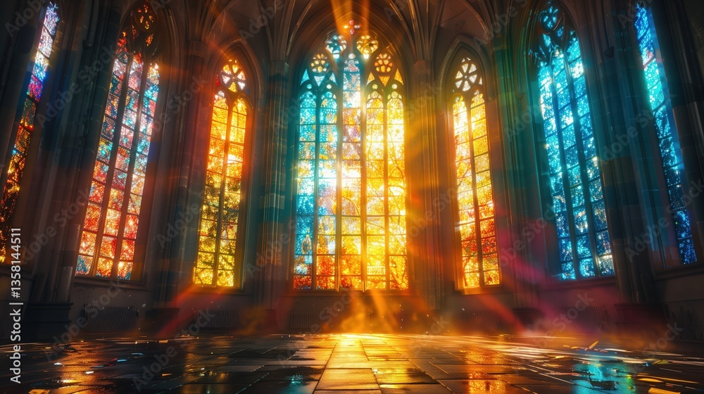 Obraz premium Light Playing Through Stained Glass Windows in a Cathedral 