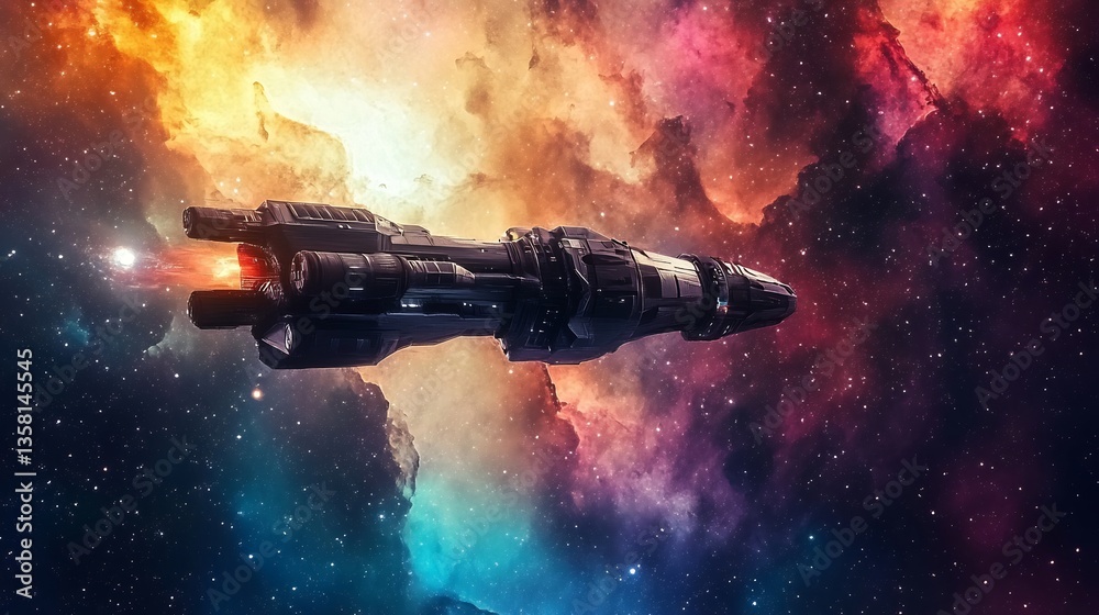 Space art depicting futuristic spacecraft exploring unknown cosmos on a colorful nebula backdrop Space art depicting futuristic spacecraft exploring unknown cosmos on a colorful nebula backdrop