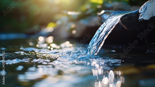 Clear water flowing from spout into serene pond with sunlight reflections
