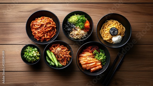 Assorted Asian noodle dishes in black bowls on wooden table