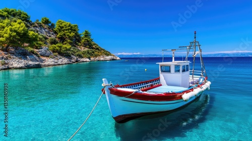 Colorful boat floats in clear waters near rocky shore on sunny day