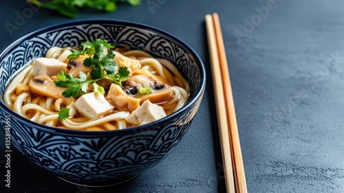 Asian noodle soup with tofu, mushrooms, herbs, chopsticks on dark table