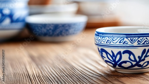 Ceramic bowls with blue floral patterns on wooden table