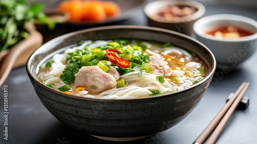 Vietnamese noodle soup with vegetables and meat, garnished herbs spices