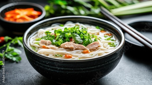 Delicious Vietnamese pho soup in bowl with fresh herbs and chopsticks