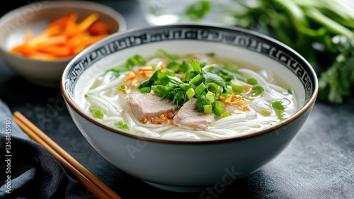 Bowl of Asian noodle soup garnished with herbs and vegetables