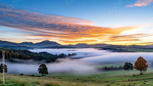 Stunning sunrise over foggy valley with distant mountains and vibrant sky