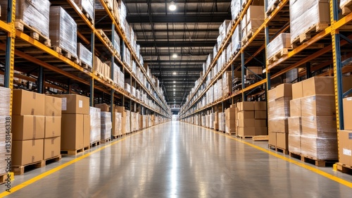 Large warehouse interior with stacked boxes and shelving, representing logistics storage