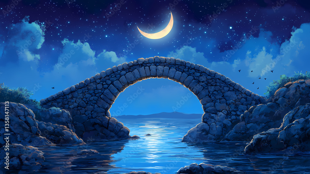 Fototapeta premium Ancient stone bridge at night under crescent moon. Twilight Stone. Illustration
