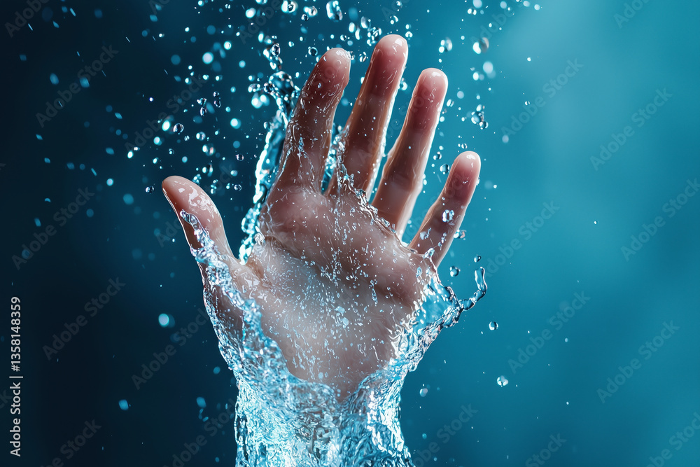 Fototapeta premium Water Hand Splash: Abstract Blue Liquid Texture Photography