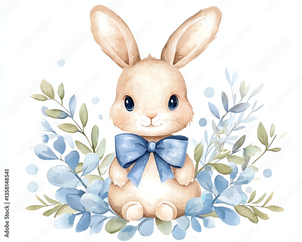 Obraz premium cute watercolor and pencil illustration of a baby bunny wearing a bow, pastel tones, soft shading, hand-drawn style