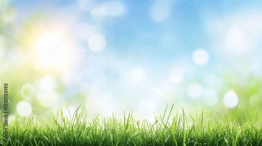Fototapeta premium Lush green grass against a sunny blue sky with bokeh background.
