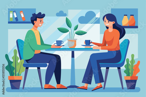 Two individuals engage in a lively conversation while sipping coffee at a cozy cafÃ©, two people sitting at a table talking