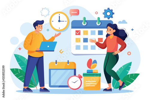 A man and woman engage in a conversation about time management, showcasing calendars and clocks, Two people with time and calendar trending