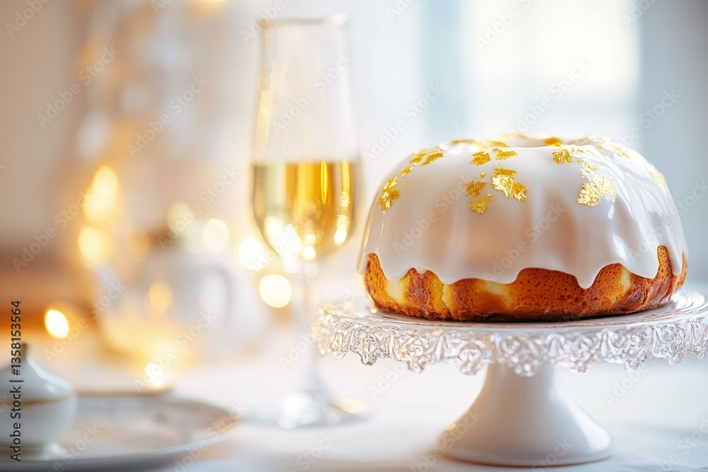 Fototapeta premium Elegant Easter cake with icing and gold accents on glass stand, festive Slavonic dessert for seasonal celebration