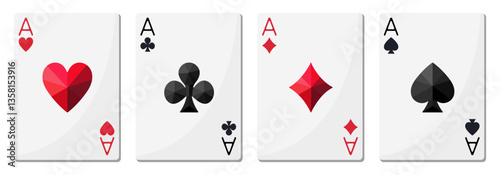 Aces of different suits of playing cards: spades, hearts, diamonds, clubs. Glossy color vector set, shape of crystals