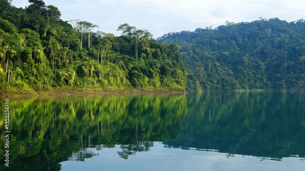 Lush Green Rainforest Reflecting In Calm Lake Water Lush Green Rainforest Reflecting In Calm Lake Water