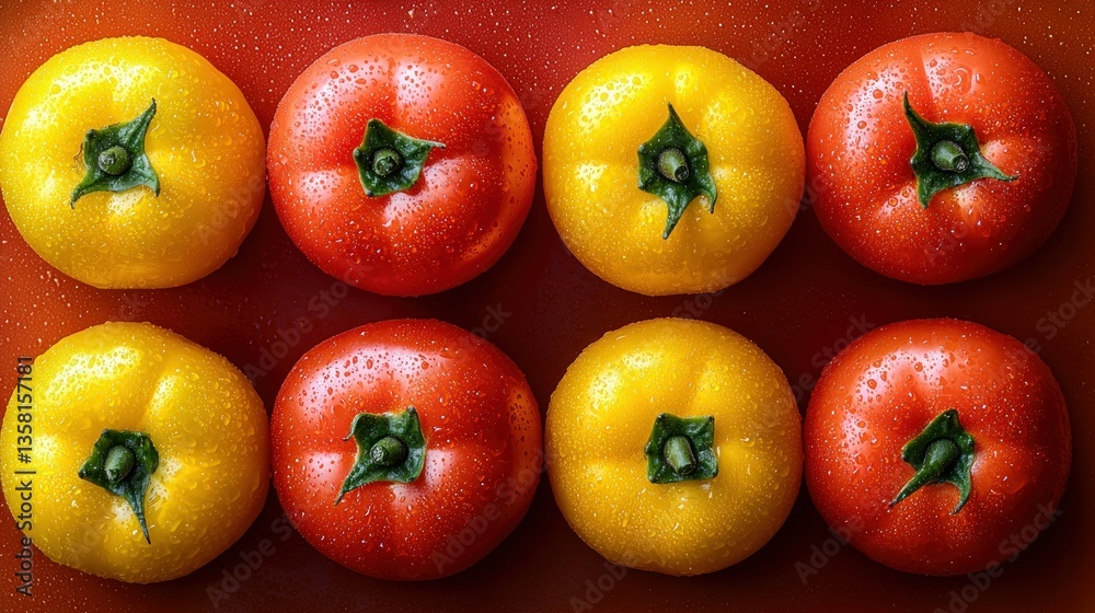 Fototapeta premium Colorful tomatoes arranged in a grid pattern