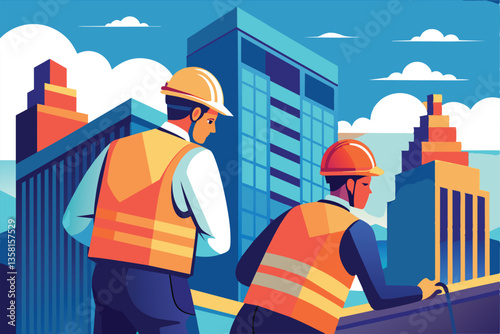 Two workers focus on their observations while monitoring construction in an urban setting, two workers were making observations while working on the building