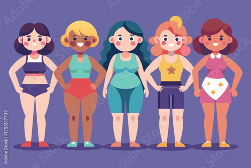 A colorful display of five customizable cartoon female characters representing various body shapes, Types of female body shapes Customizable Cartoon Illustration