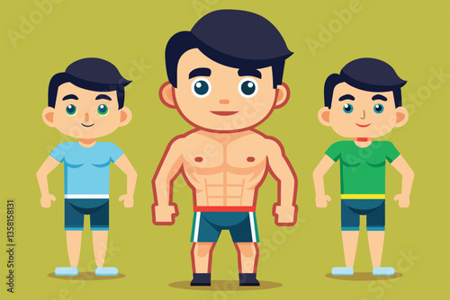 Cartoon characters depict a variety of male body shapes, focusing on fun and customization options available, Types of male body shapes Customizable Cartoon Illustration