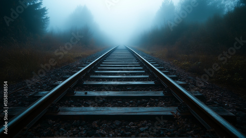 Train tracks disappearing into fog, mysterious journey, moody lighting, atmospheric shot - for blogs, posts and presentations about tourism, travel agencies