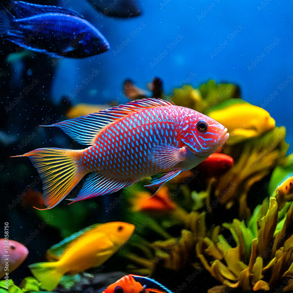 tropical Malawi cichlid fish swimming gracefully in a vibrant aquarium