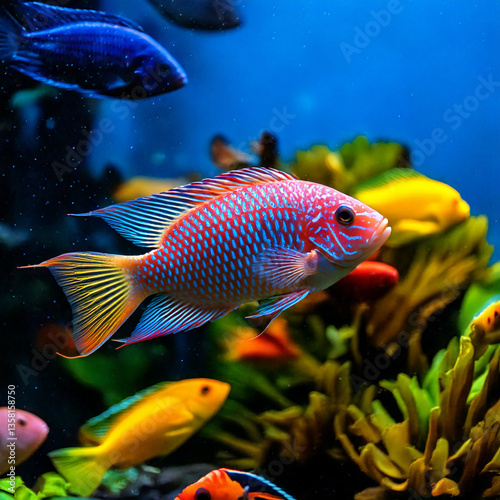 Obraz na płótnie tropical Malawi cichlid fish swimming gracefully in a vibrant aquarium w salonie