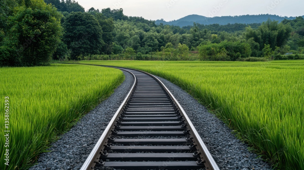 Serene Train Tracks Curving Through Vibrant Green Rice Fields Under Clear Sky Serene Train Tracks Curving Through Vibrant Green Rice Fields Under Clear Sky