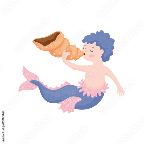 Vector illustration of a merman with purple hair blowing a conch shell.