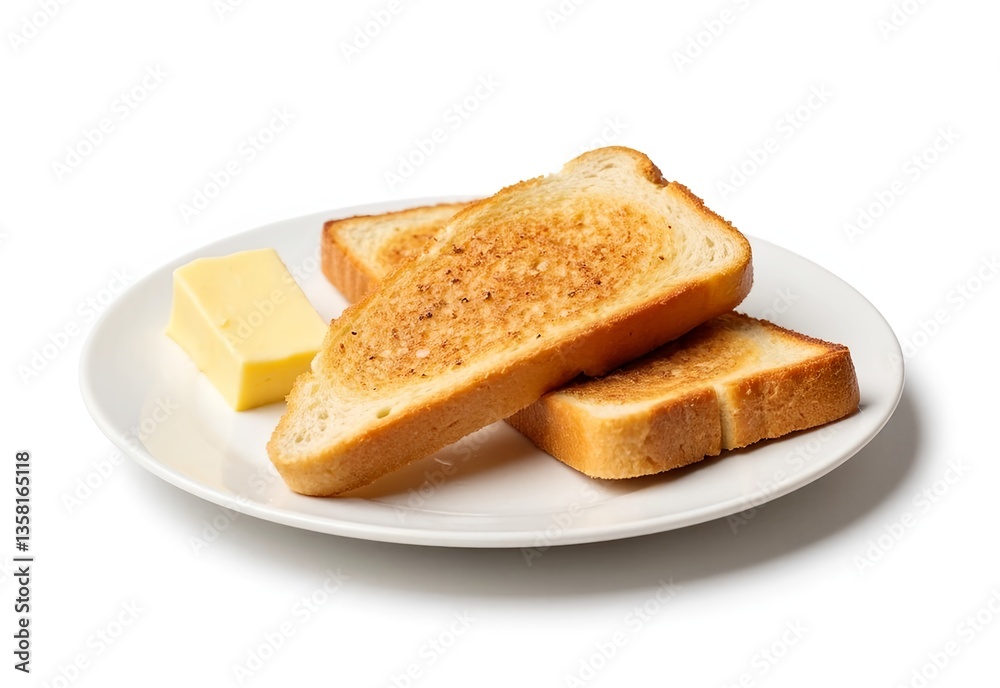 Golden Toast Delight: Three slices of perfectly toasted bread and a block of butter, inviting you into a world of delicious breakfast or a quick snack. Golden Toast Delight: Three slices of perfectly toasted bread and a block of butter, inviting you into a world of delicious breakfast or a quick snack.