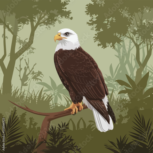 Vector illustration of a cute eagle perched atop a tree in a jungle.