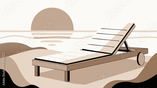 Beach lounger under soft sun on empty coast with gentle curves in monochrome palette for calm summer scene. Concept: wellness promotion, coastal travel ad, relaxation branding.