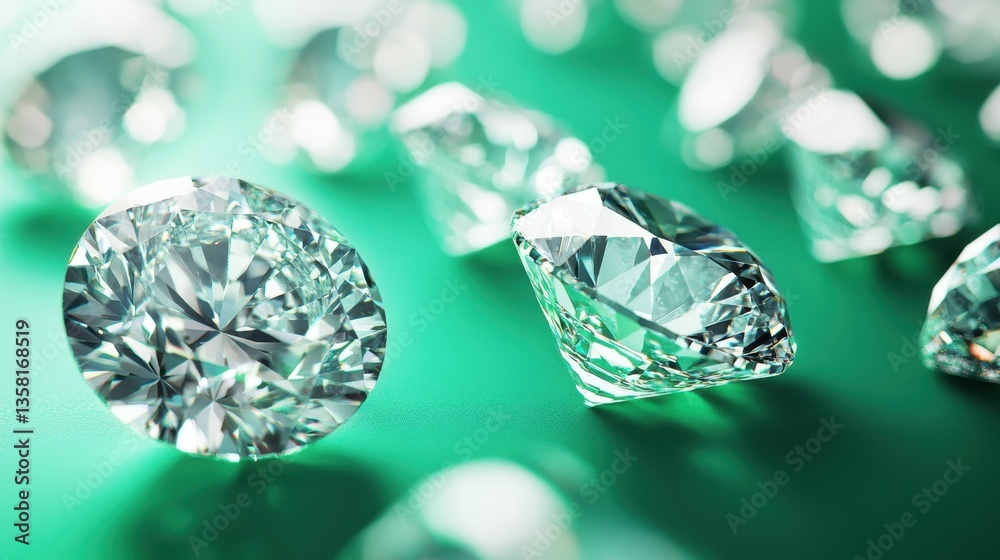 Sparkling Diamonds: A cluster of radiant diamonds sparkles on a vibrant emerald surface, capturing the allure of luxury and the art of exquisite craftsmanship. Sparkling Diamonds: A cluster of radiant diamonds sparkles on a vibrant emerald surface, capturing the allure of luxury and the art of exquisite craftsmanship.