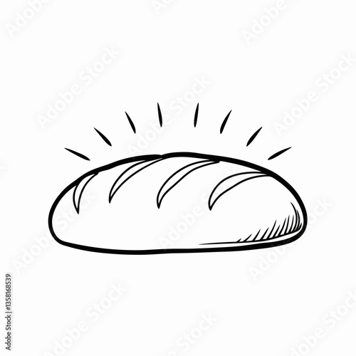 Fresh baked bread in minimalist black line style with radiant aroma marks on white background. Concept: food branding, bakery iconography, culinary sketch illustration.