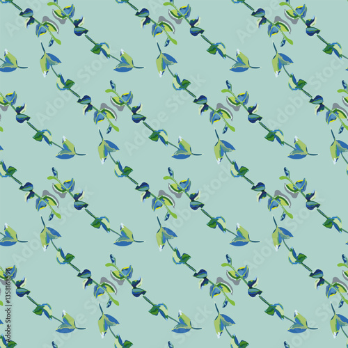 Watercolor Eucalyptus Seamless Pattern on  Blue Background