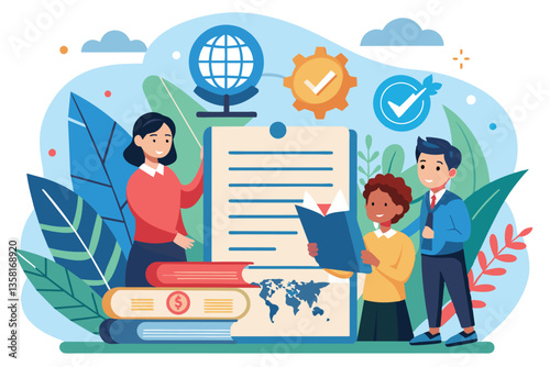 Three individuals discuss the universal declaration of human rights amidst educational materials and symbols, Universal declaration of human rights Customizable Flat Illustration