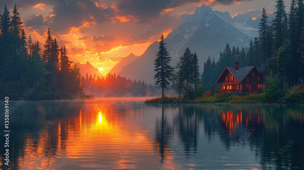 Fototapeta premium Sunrise over alpine lake cabin