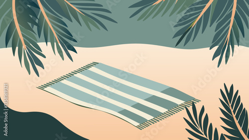 Beach towel lies under tropical palm tree shade on golden sand, soft vintage illustration evokes relaxing summer moment. Concept: beachwear ads, vacation booking, summer travel.